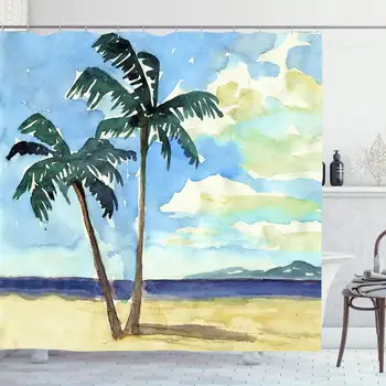 Shower Curtain Set with Hooks 66x72 Inches Green Liner Hand Summer Watercolor River Scene Palms Palm Se Sky Painting Exotic 
Shower Curtain Set with Hooks 66x72 Inches Green Liner Hand Summer Watercolor River Scene Palms Palm Se Sky Painting Exotic