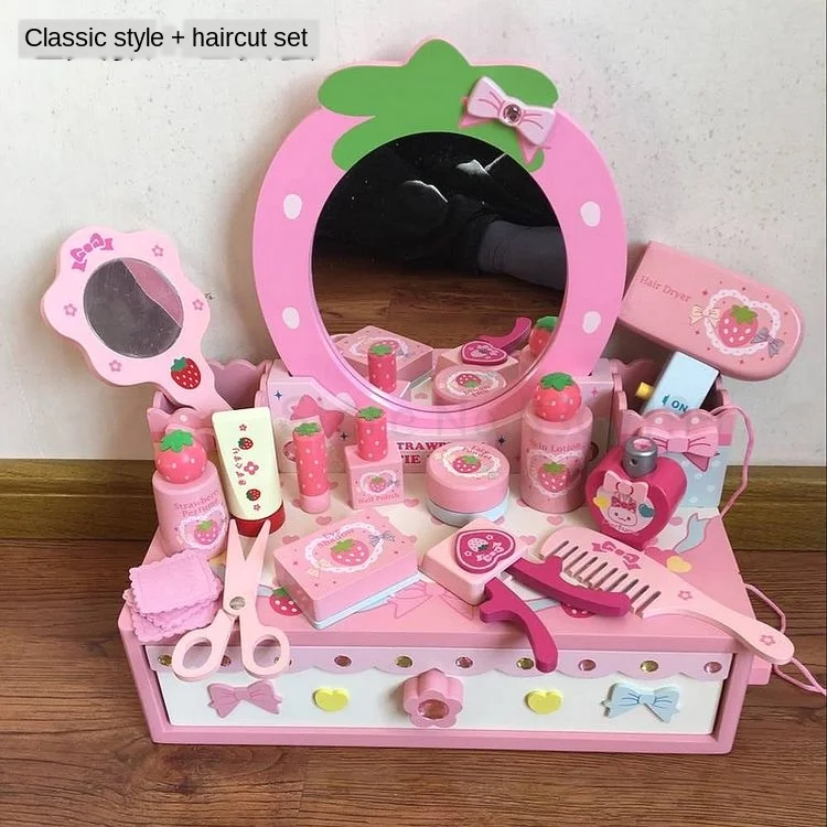 Juguete de tocador tipo mesa de madera para niños, maquillaje para