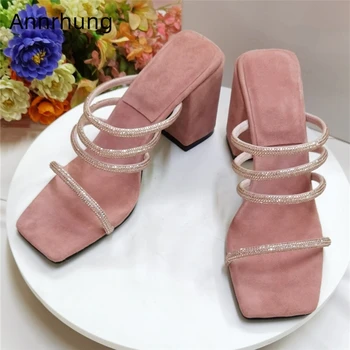 Crystal Rhinestone Narrow Band Women Slippers Square High Heel Square Open Toe Slip-on Summer Runway Shoes Woman
