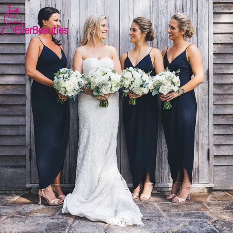 Фото Vestido Madrinha Navy Blue Bridesmaid Dresses 2020 Spaghetti Strap V-neck Sheath High LowWedding Guest Dress | Свадьбы и торжества