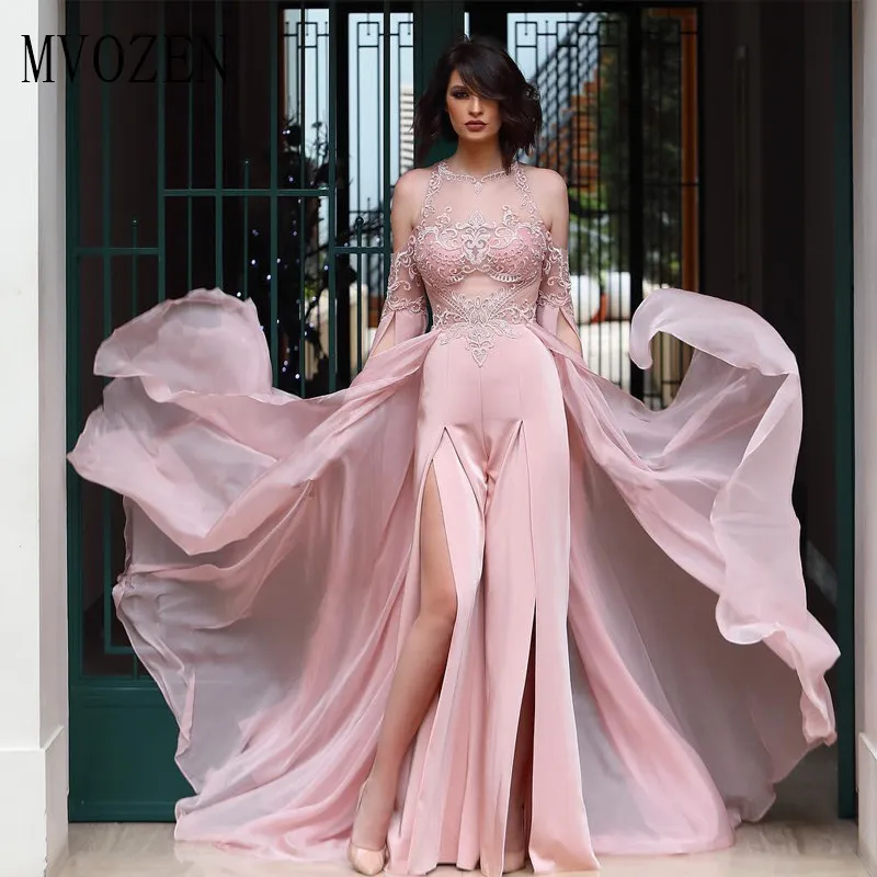 Modest Pink Jumpsuit Evening Dresses Sheer Neck Long Sleeves Both Side Split Celebrity Gown Overskirt Chiffon Sexy Prom Dress
Modest Pink Jumpsuit Evening Dresses Sheer Neck Long Sleeves Both Side Split Celebrity Gown Overskirt Chiffon Sexy Prom Dress
