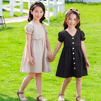 2020 Girls Cotton Dress Summer Vintage V neck Kids Dresses Single Button Princess Party Frocks Teenage Girl Clothes Black,Beige
2020 Girls Cotton Dress Summer Vintage V neck Kids Dresses Single Button Princess Party Frocks Teenage Girl Clothes Black,Beige