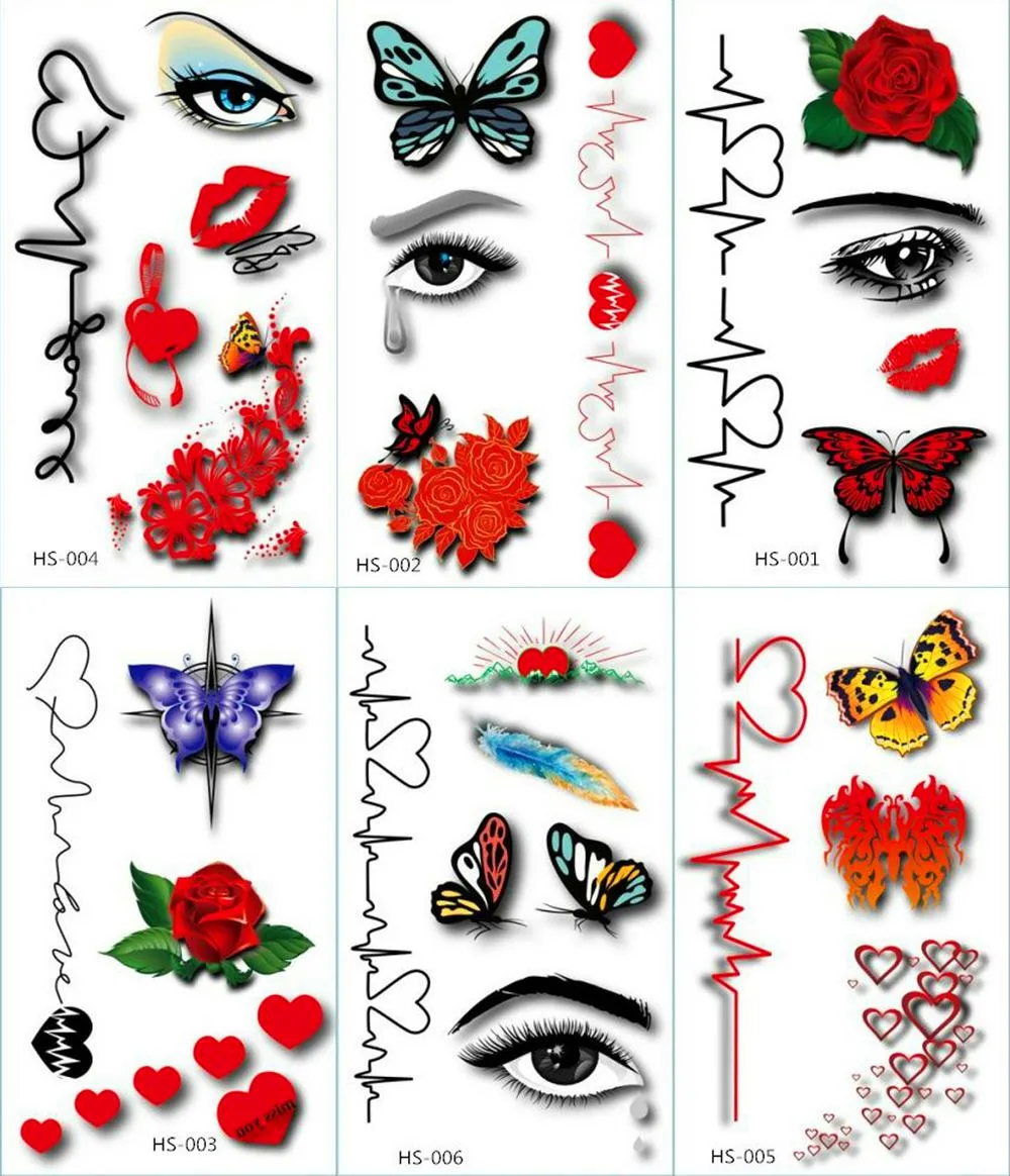 Фото Временные татуировки Heartbeats Flower Eye наклейки на губы бабочки тело сердце любовь