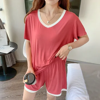 V-neck Loose Sizes Two-piece Pajamas Women 2020 Summer Fashion Simple Ladies Pajamas Home Suit Solid Colors Traje Conjuntos 
V-neck Loose Sizes Two-piece Pajamas Women 2020 Summer Fashion Simple Ladies Pajamas Home Suit Solid Colors Traje Conjuntos