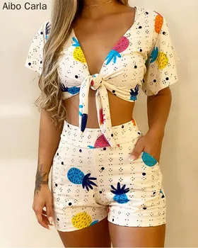 V-Neck Tie Chest Print Two-Piece Set Summer 2 Piece Outfits for Women Short Sleeve Knot Front Crop Tops & Pockets Shorts Set
V-Neck Tie Chest Print Two-Piece Set Summer 2 Piece Outfits for Women Short Sleeve Knot Front Crop Tops & Pockets Shorts Set
