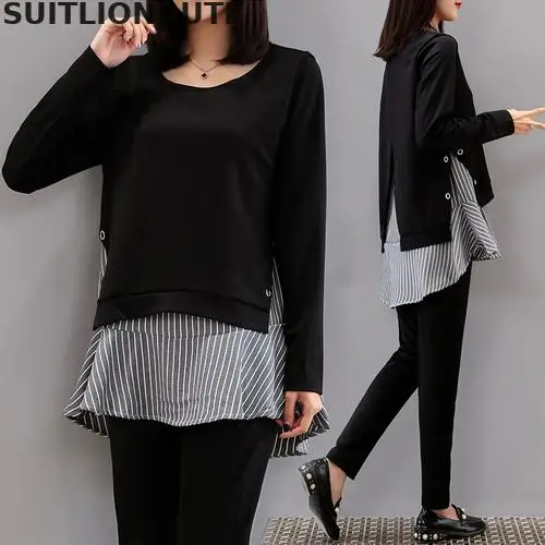 5xl Loose Plus Size Two Piece Sets Side Slit Stripe Stitching Long Sleeve Top & Nine Pants Causal Suit Set Spring Autumn Outfits
5xl Loose Plus Size Two Piece Sets Side Slit Stripe Stitching Long Sleeve Top & Nine Pants Causal Suit Set Spring Autumn Outfits