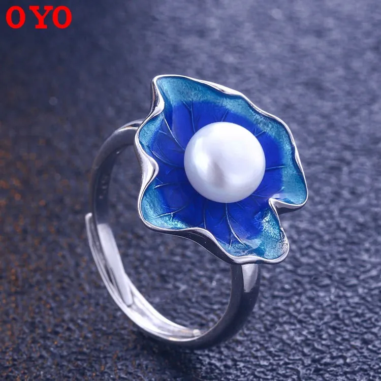 

100%925 sterling silver ethnic wind lotus leaf pearl opening adjustable ring ancient style Epoxy cloisonne ring
