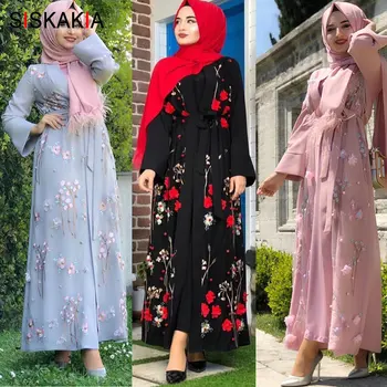 

Siskakia 3D Flower Embroidery Abaya Dress Middle East Turkish Dubai Fashion Jubah & Kimonos Sweet Pink Blue Muslim Arabian Wears