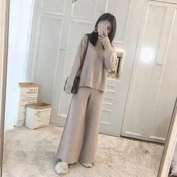 Knitting Female Sweater Pant Suit O-Neck Women Two Piece Set Knitted Pullover V-Neck Long Sleeve Top Wide Leg Pants Suit 
Knitting Female Sweater Pant Suit O-Neck Women Two Piece Set Knitted Pullover V-Neck Long Sleeve Top Wide Leg Pants Suit