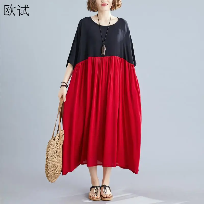 

Oversized Dresses for Women Summer Oversized Cotton Long Dress Black Red Patchwork Dress Robe Femme 2022 New Arrival