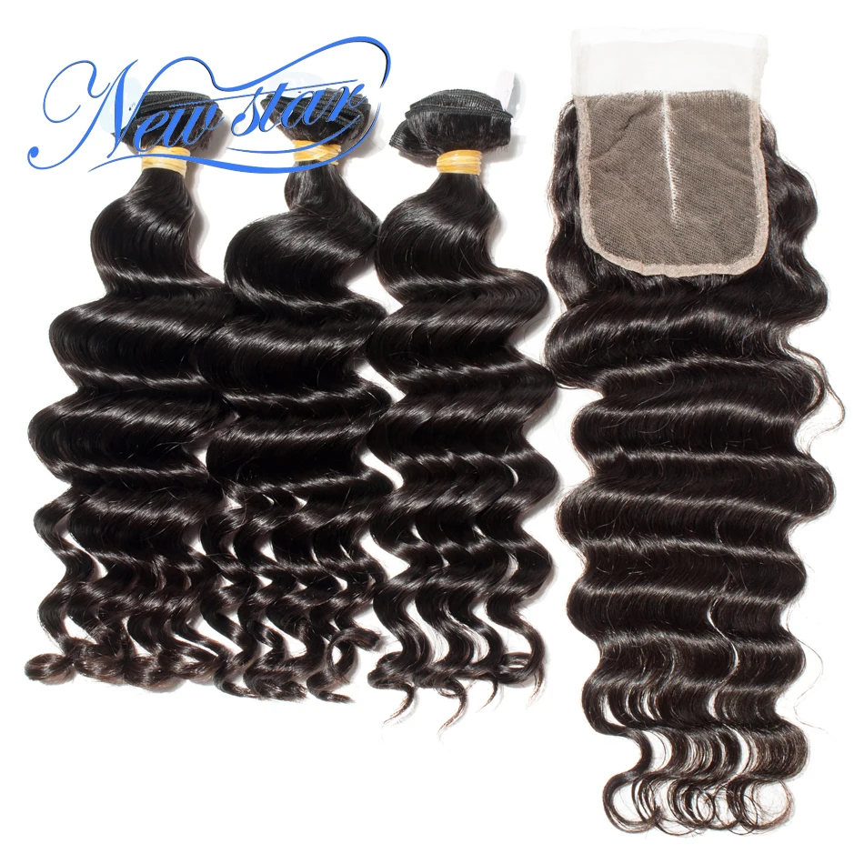 

Brazilian Virgin Hair Loose Deep 3 Bundles With 4x4 Lace Closure New Star Hair Unprocessed Thick Human Hair Weaving And Closures
