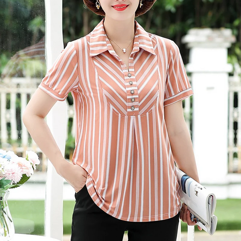 Summer Women Elegant Blouses Short Sleeve Button Polo Neck Ruched Black Pink Striped Tops Blouse Harajuku Vintage Shirts 2021
Summer Women Elegant Blouses Short Sleeve Button Polo Neck Ruched Black Pink Striped Tops Blouse Harajuku Vintage Shirts 2021