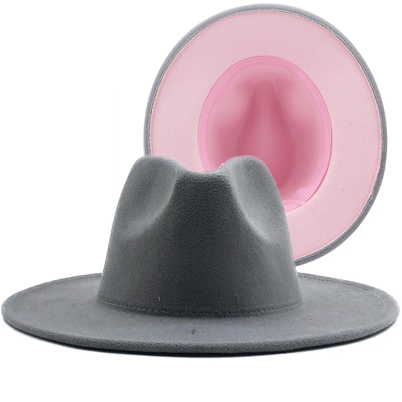 

Простой внешний серый внутренний Розовый шерстяной фетровый Джаз фетровая шляпа с тонкой пряжкой на ремешке для мужчин и женщин и мужчин с широкими полями Панама шляпа 56-58-60см