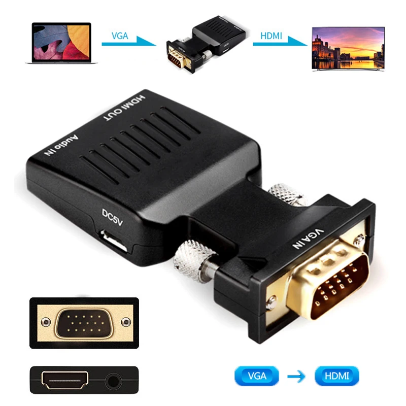 VGA to HDMI Adapter 1080P Male Female Converter with 3.5mm Audio Input HSJ-19 |