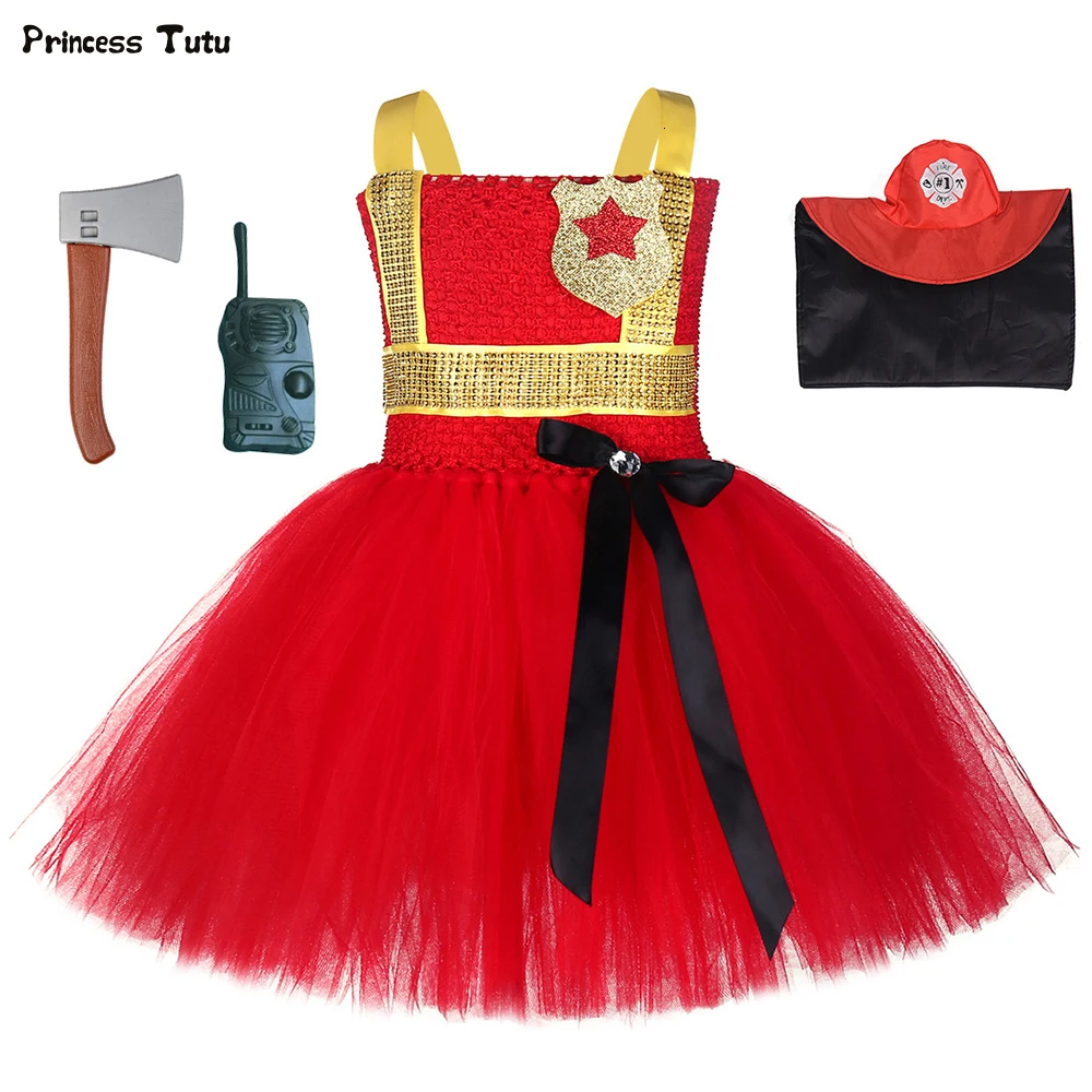 

Gold Red Firefighter Kids Girls Tutu Dress Halloween Cosplay Fireman Costume Children Carnival Party Clothes Girls Fancy Dress