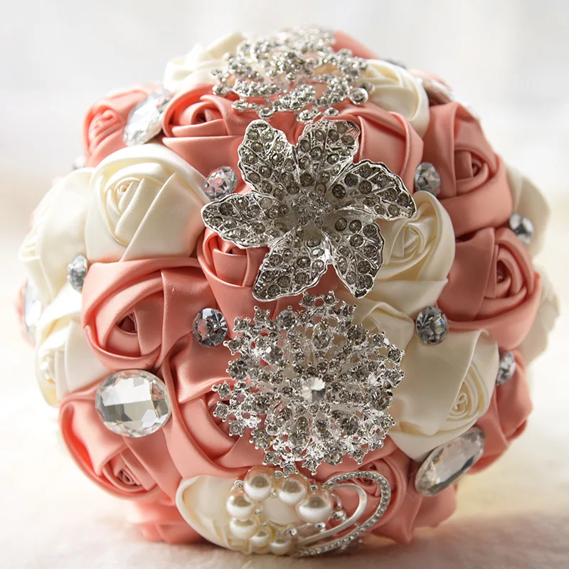 Coral and cream Brooch Diamond Bridal Wedding Bouquets Bridal Crystal Silk Flowers Bridal Bouquets de noiva Factory Custom 
Coral and cream Brooch Diamond Bridal Wedding Bouquets Bridal Crystal Silk Flowers Bridal Bouquets de noiva Factory Custom