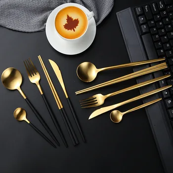 Black Gold Cutlery Set Steak Knife Fork Coffee Spoon Teaspoon Dessert Knife Ice Spoon Chopsticks Stainless Steel Dinnerware Set
Black Gold Cutlery Set Steak Knife Fork Coffee Spoon Teaspoon Dessert Knife Ice Spoon Chopsticks Stainless Steel Dinnerware Set
