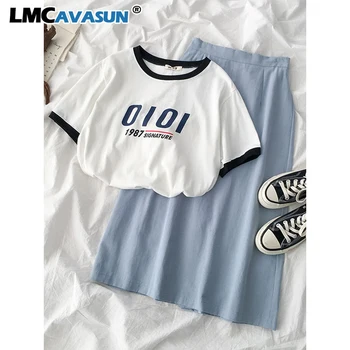 LMCAVASUN Summer Elegant Skirt Set Women Two Pieces Set White Letters Print T-shirt + High Waist Blue Maxi Skirt Matching Set 
LMCAVASUN Summer Elegant Skirt Set Women Two Pieces Set White Letters Print T-shirt + High Waist Blue Maxi Skirt Matching Set
