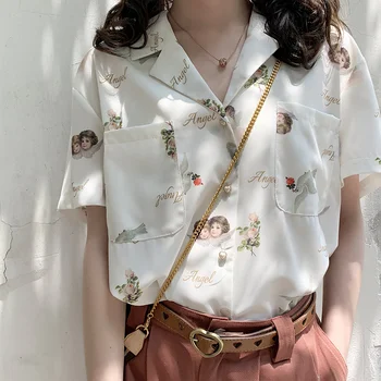 Women Summer New Cute Angel Print Blouse Japanese V-neck Retro Short Sleeve Chiffon Teen Girls Student Sweet Harajuku Shirt Tops
Women Summer New Cute Angel Print Blouse Japanese V-neck Retro Short Sleeve Chiffon Teen Girls Student Sweet Harajuku Shirt Tops
