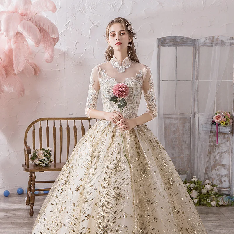 Luxury Peacock Style Gold Color Wedding Dresses Vibrato Net Red Half Sleeves High Neck Bridal Dress Ball Gowns Vestidos De Novia
Luxury Peacock Style Gold Color Wedding Dresses Vibrato Net Red Half Sleeves High Neck Bridal Dress Ball Gowns Vestidos De Novia