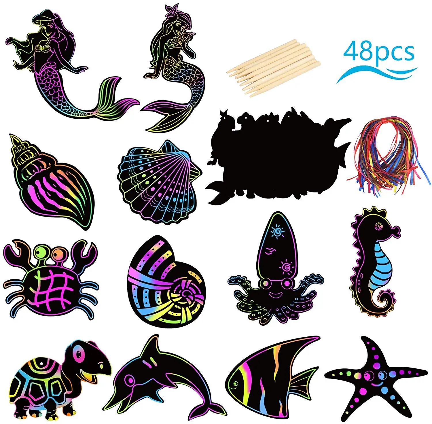 48pcs Magic Scratch Marine mermaid sea them Rainbow DIY Gift Tags with 12pcs Wooden Stylus and 48pcs Satin Ribbons for kid party
48pcs Magic Scratch Marine mermaid sea them Rainbow DIY Gift Tags with 12pcs Wooden Stylus and 48pcs Satin Ribbons for kid party
