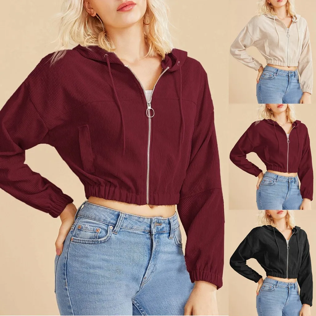 Short Hoodie Crop Top Women Casual Long Sleeve Hooded Sweatshirt Harajuku Corduroy Zip-Up Pocket Shirt And Blouse#0909 | Женская одежда