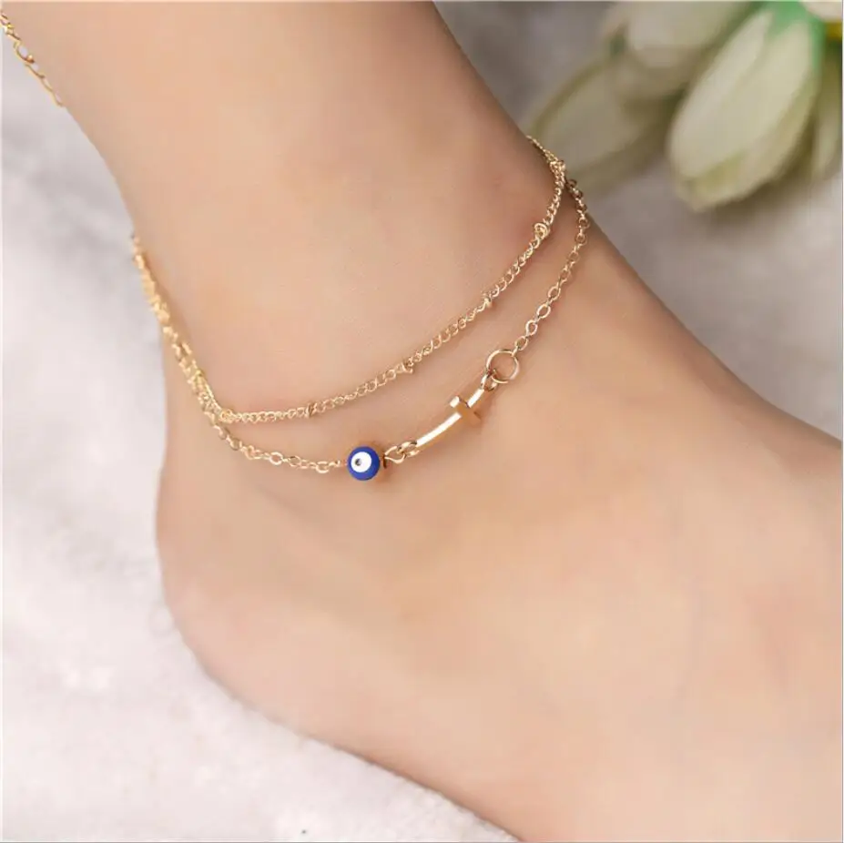 

Metal Gold Double Layer Chain On Leg Anklets Fashion Simple Blue Eyes Cross Beach Anklets For Women Bohemia Foot Jewelry S1871