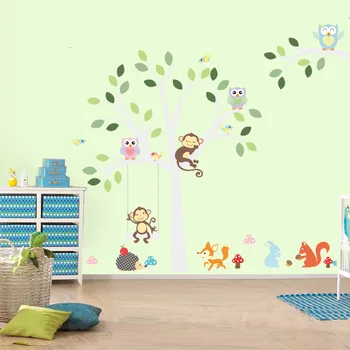 

White Tree Wall Stickers Fox Owls Monkey Sleep Swing For Kids Children Room Birds Wall Decal Vinyl Sticker Nursery Room Decor