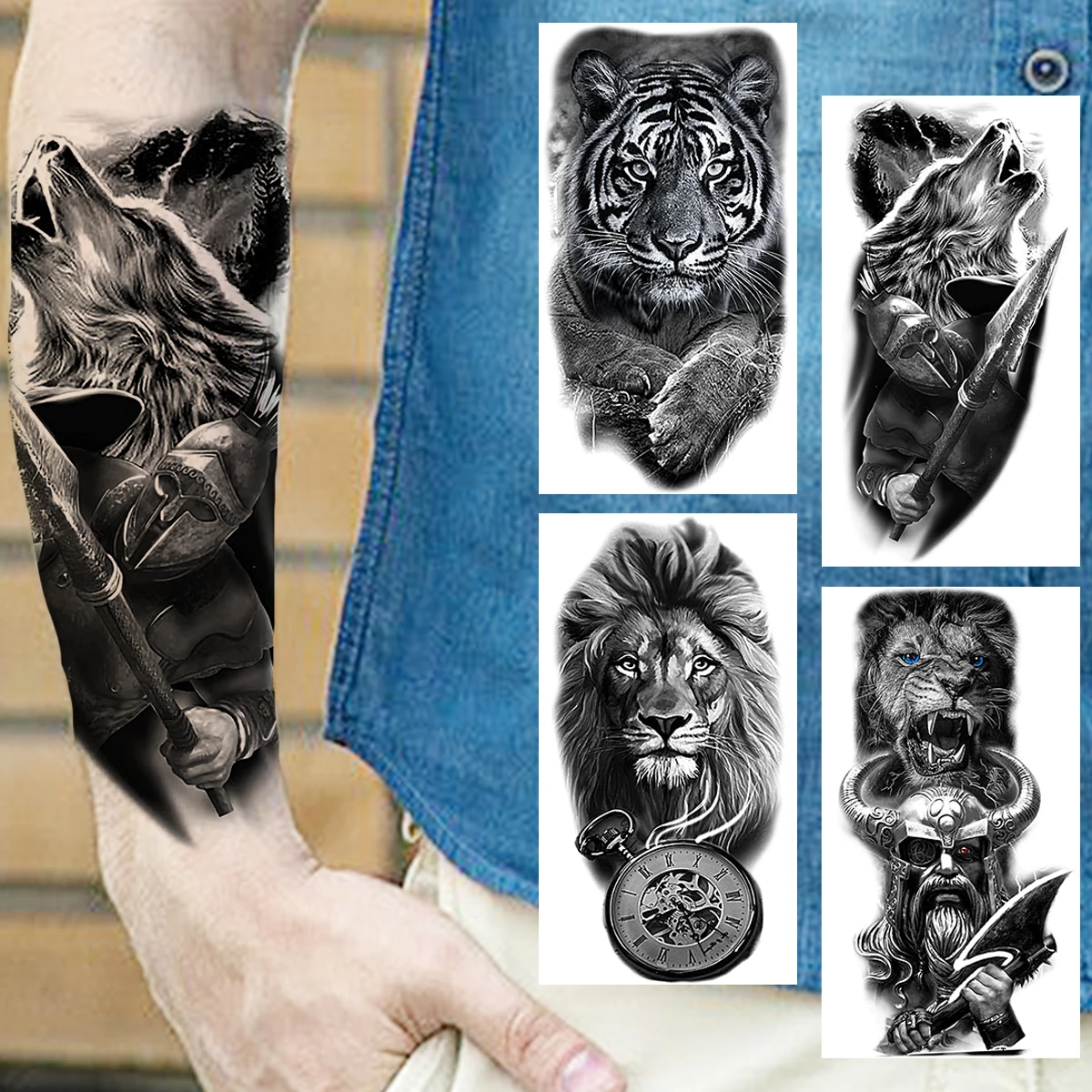

Black Wolf Temporary Tattoos For Men Adults Women Realistic Tiger Lion Samurai Fake Tattoo Sticker Forearm Body Tatoos Body Art