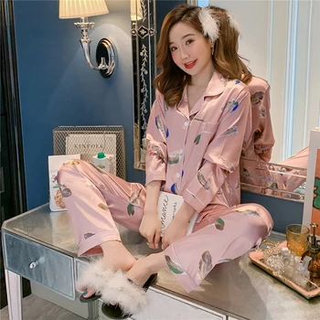 2PCS Pajamas Sets Women Lapel Imitation Silk Long Sleeve Home Wear Ladies Mujer Sexy Satin Tops+Pants Nightgown Sleepwear Autumn 
2PCS Pajamas Sets Women Lapel Imitation Silk Long Sleeve Home Wear Ladies Mujer Sexy Satin Tops+Pants Nightgown Sleepwear Autumn