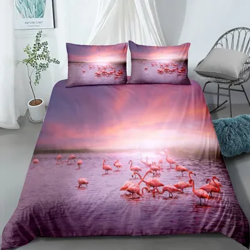 

Pink Flamingo Bedding Set Natural View Sunset Print Girl Home Microfiber Single Double Bed Cover Animals Bed Linen Set Bedspread