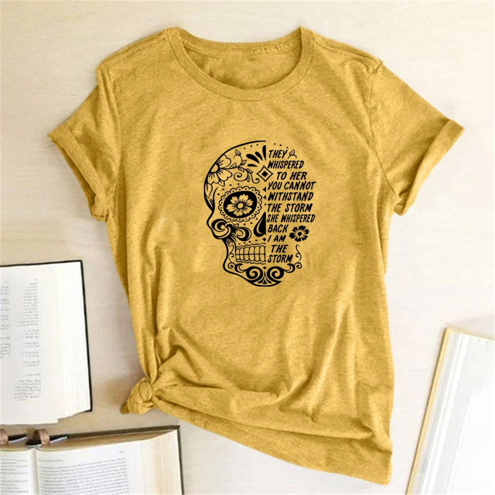 FREE SHIPPING They Whispered To Her Skull Flowers Printing T-shirts JKP47