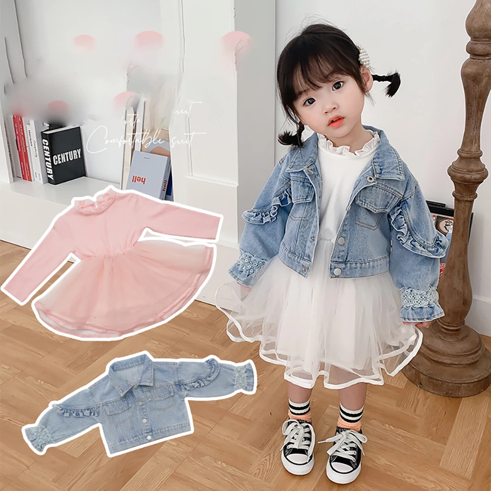 

Spring Autumn Kids Children Clothes Set Cute Baby Girls Denim Jacket+Long Sleeve Tulle Princess Dress 2Pcs Casual Jean Coats