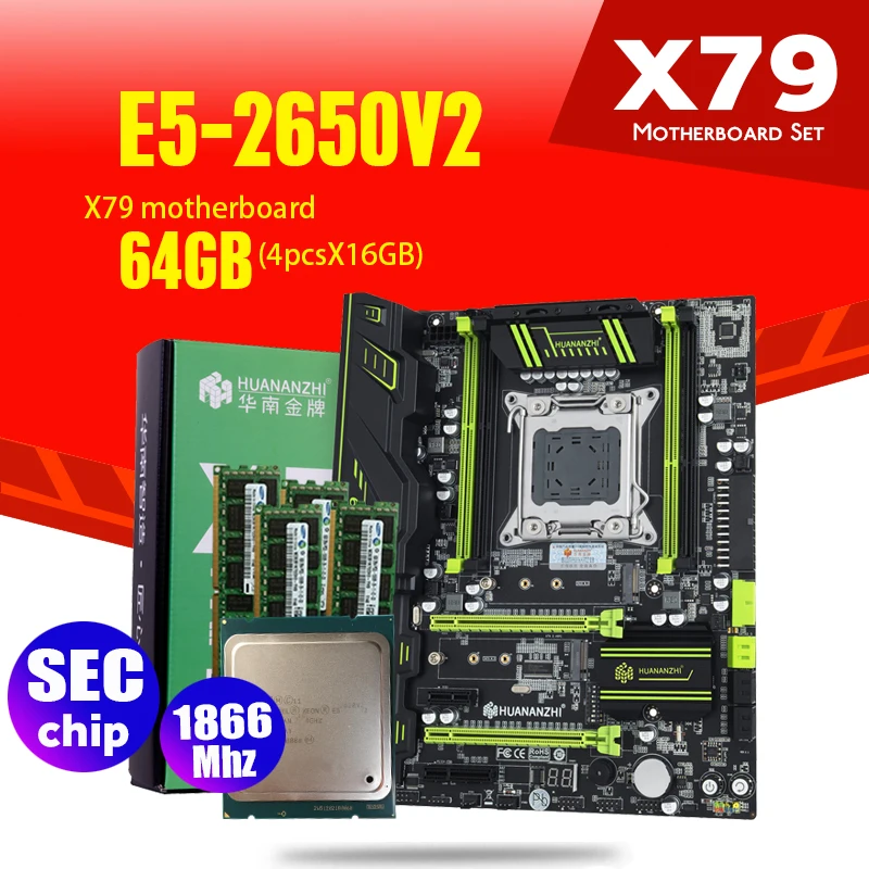 Материнская плата HUANANZHI X79 LGA2011 ATX combos E5 2650 V2 CPU 4 шт. x 16 ГБ = 64 DDR3 ОЗУ 1866 МГц PC3 1490R PCI E NVME