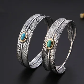 925 Sterling Silver Feather Shape Open Cuff Bangle&Bracelet Thai silver feather Bangles Puck Classic Blue Green stone Jewelry
925 Sterling Silver Feather Shape Open Cuff Bangle&Bracelet Thai silver feather Bangles Puck Classic Blue Green stone Jewelry