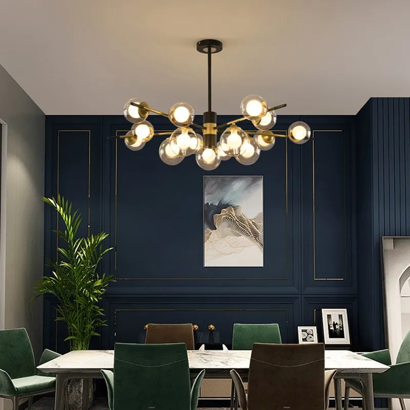 

Dining Living Room LED Chandelier Lighting G9 Bedroom Home Deco Glass Ball Hanging Lamp Black Add Gold Modern Nordic Chandeliers