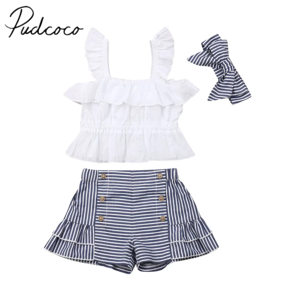 

2020 Summer Baby Clothing Toddler Kids Baby Girl Clothes Sets Sleeveless Strap Tops+Striped Shorts+Headband 3Pcs Outfits 6M-30M