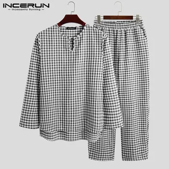 INCERUN Men Plaid Pajamas Sets Cotton Long Sleeve V Neck Leisure Nightwear Long Pants Loungewear Loose Men Sleepwear Suits S-5XL
INCERUN Men Plaid Pajamas Sets Cotton Long Sleeve V Neck Leisure Nightwear Long Pants Loungewear Loose Men Sleepwear Suits S-5XL