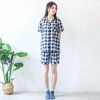 Plaid Pattern Pajamas Set Women 2020 New Short Sleeve Lapel Spring Summer Home Leisure Pure Cotton Japanese Style Pajamas Set 
Plaid Pattern Pajamas Set Women 2020 New Short Sleeve Lapel Spring Summer Home Leisure Pure Cotton Japanese Style Pajamas Set