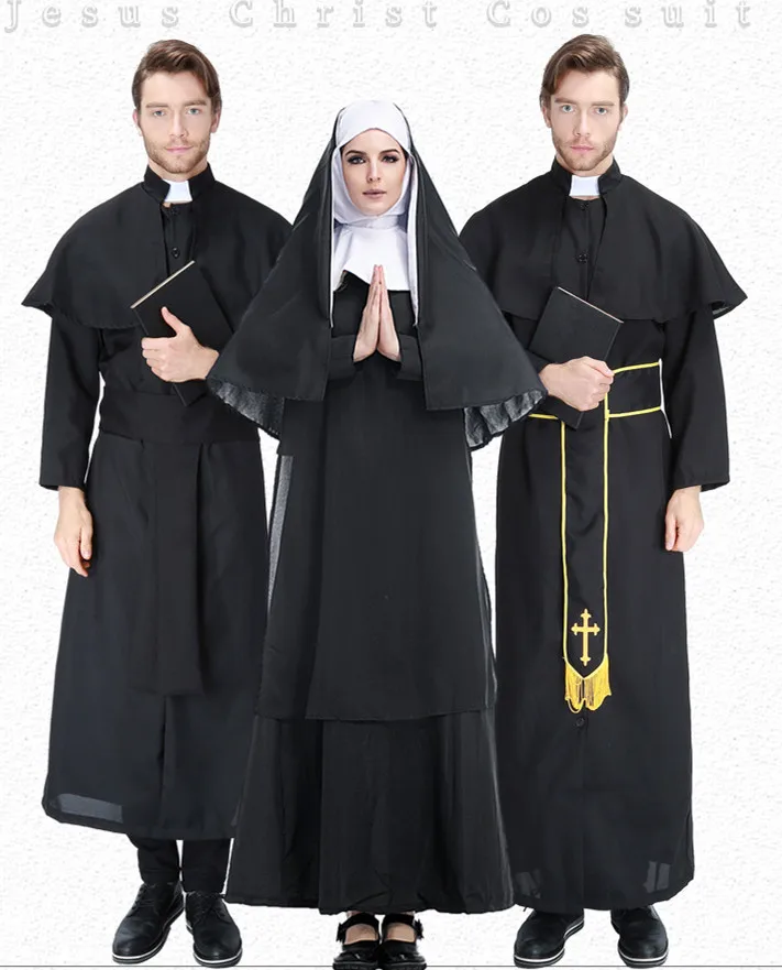 

M-XL 2020 New Men Women New Lovers Maria Priest Halloween Masquerade Cosplay Jesus Costume Woman man adult Black Nun Robes
