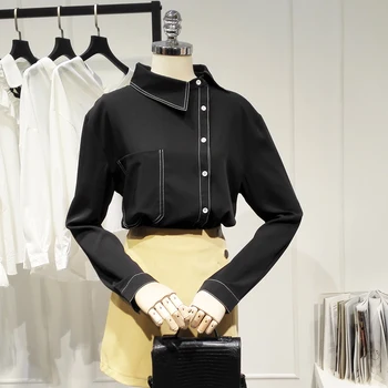 Chic Design Solid Single-breasted Shirt Black Tops Women 2020 Spring Korean Work Shirts Long Sleeve Niche Oblique Collar Blouse
Chic Design Solid Single-breasted Shirt Black Tops Women 2020 Spring Korean Work Shirts Long Sleeve Niche Oblique Collar Blouse