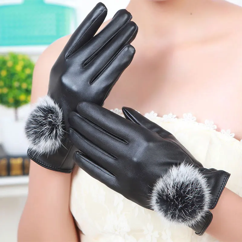 

1Pair New Winter Soft Mittens Warm PU Leather Rabbit Fur Balls Female Gloves Touches Screen Women Gloves FS99