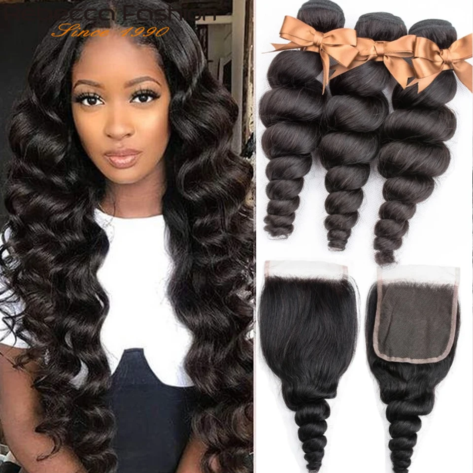 Фото Rebecca Loose Deep Wave Bundles with Closure Peruvian Hair Remy 100% Human Frontal  Шиньоны и | 3/4 пучка на сетке (1005001798606903)