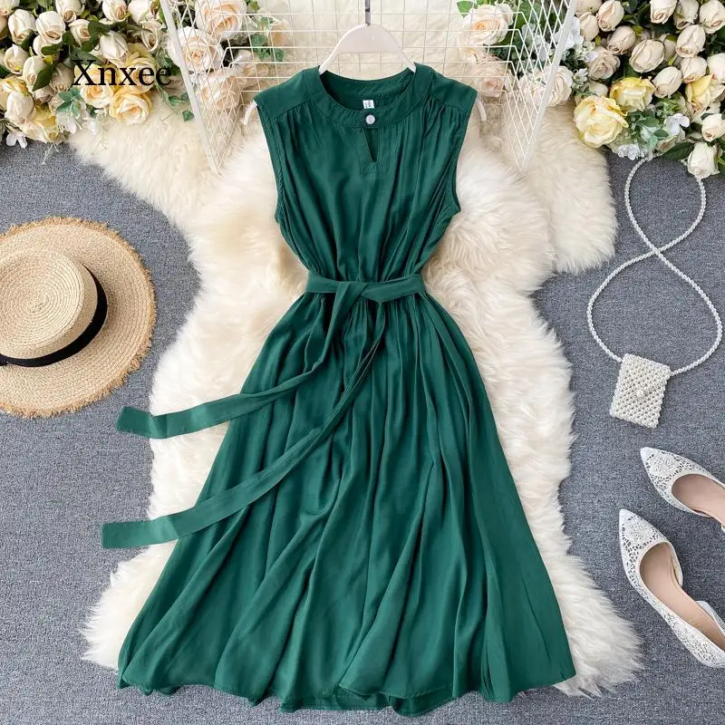 Summer Sleeveless a Line Pleated Dress Belt Vintage Slim Office Bandage Midi Dresses Vestido Party Women High Waist Sundress
Summer Sleeveless a Line Pleated Dress Belt Vintage Slim Office Bandage Midi Dresses Vestido Party Women High Waist Sundress