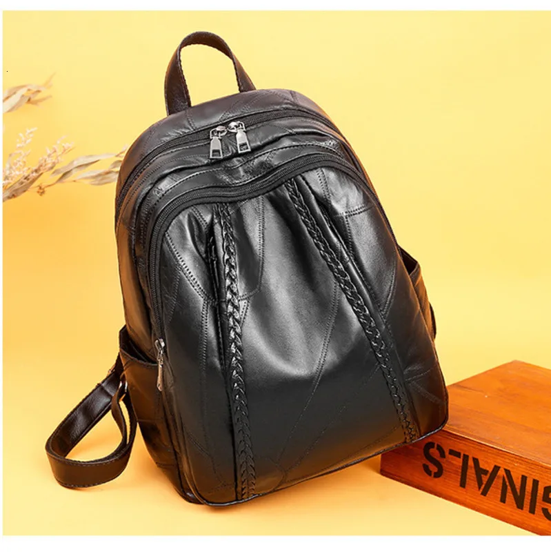 Genuine Leather Sheepskin Backpacks Female Both Shoulders Backpack Rucksack Large Capacity Travel Preppy Style Women Bags