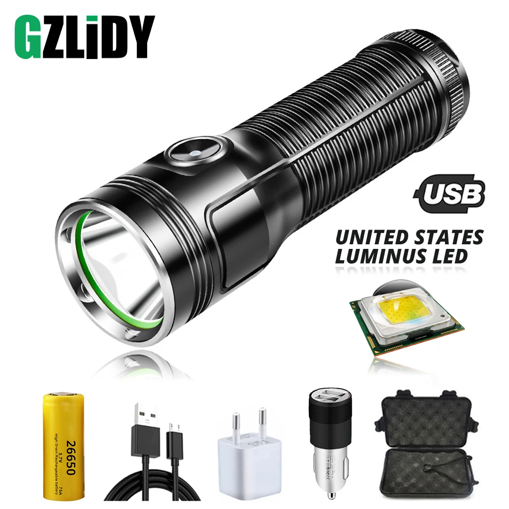 Powerful Luminus LED Flashlight USB Rechargeable Tactical Torch Waterproof Fishing Lamp use 26650 Large Capacity Lithium Battery | Лампы и