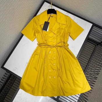 solid color lapel short sleeve summer dress women 2020 high-end fashion double breasted lace up belt high waist A-line dresses 
solid color lapel short sleeve summer dress women 2020 high-end fashion double breasted lace up belt high waist A-line dresses