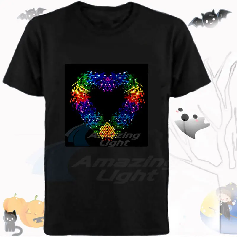 Men's T-shirt 100% cotton love heart shape logo light up LED t shirt sound activated flashing el panel t-shirt Men's T-shirt 100% cotton love heart shape logo light up LED t shirt sound activated flashing el panel t-shirt