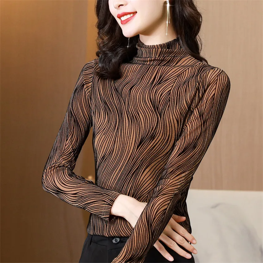 

Women Long Sleeve Undershirt Turtleneck Pullover Autumn Winter Glitter Mesh Blouse Womens Tops And Blouses Blusa Feminina