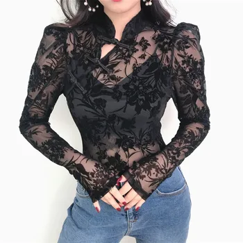 

Chinese Style Button Turtleneck Tights Women Flower Sexy Mesh Tights Retro Button Transparent Lace Bubble Sleeve Bottoming Shirt